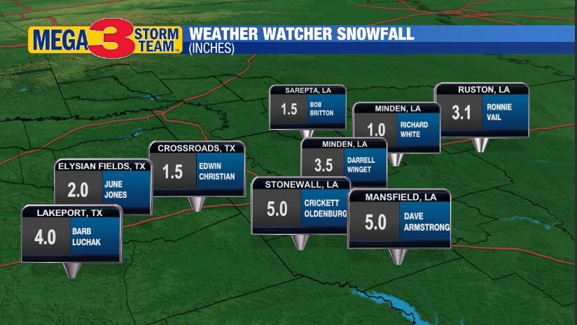 Central ArkLaTex Weather Watcher Snow Totals